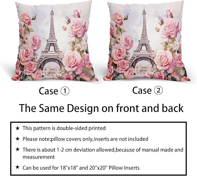 Valentine's Day Pillow Covers 22X22 Inch Set of 2 Paris Street Romantic Love Pink Flower Decorative Pillow Cases Anniversary Wedding Cushion Case Valentine Party Home Decor for Sofa Couch