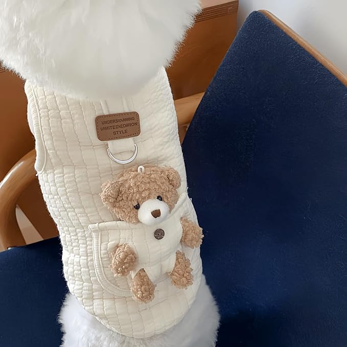 Cute Pet Apparel Plush Bear Pattern Cartoon Dog Clothes All Season Sleeveless Puppy Kitten Pullover Soft Skin-Friendly (White1, L (7.7-11lbs))
