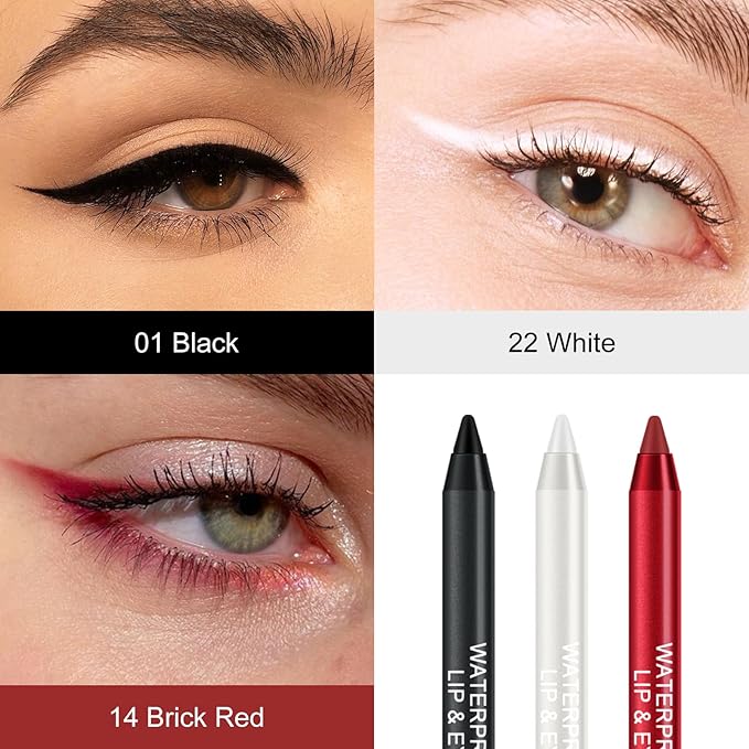Ownest 3 Pcs Black & Red & White Eyeliner Pen, Pearl Metallic Eyeliner Pencil Kit, Glitter Eye Liner for Women, Professional Colorful Eye Makeup Pencil Set, Waterline Eyes Liner with Sharpener