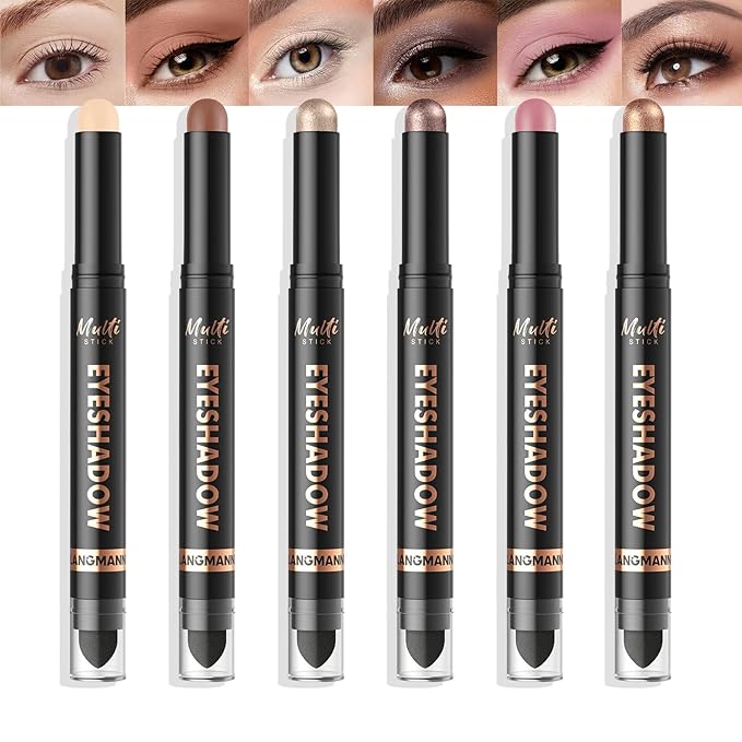 LANGMANNI 6Colors Dual-Ended Cream Eyeshadow Stick Set – Silky Smooth, Waterproof & Transfer-Proof, Built-in Blender Brush, All-Day Matte & Shimmer Wear Eye Makeup(#1+3+7+8+9+10)