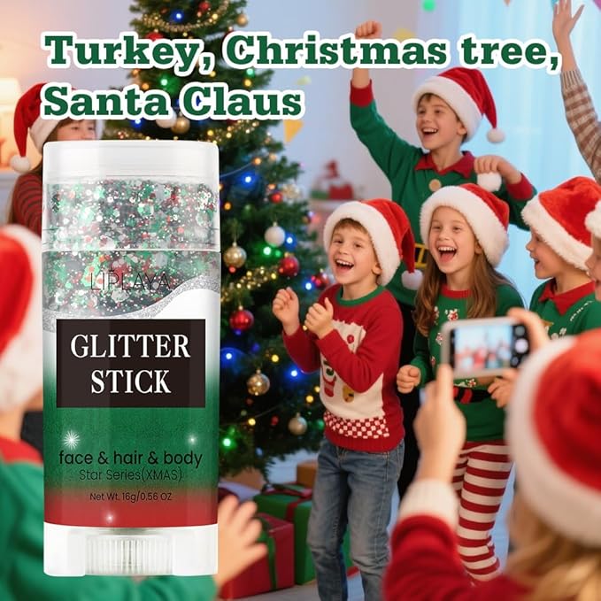 Christmas Body Glitter Stick, Sparkling Holographic Sequins Neon Outfit Party Christmas Accessories Hair and Body Glitter Gel Makeup.(Red Green and White)