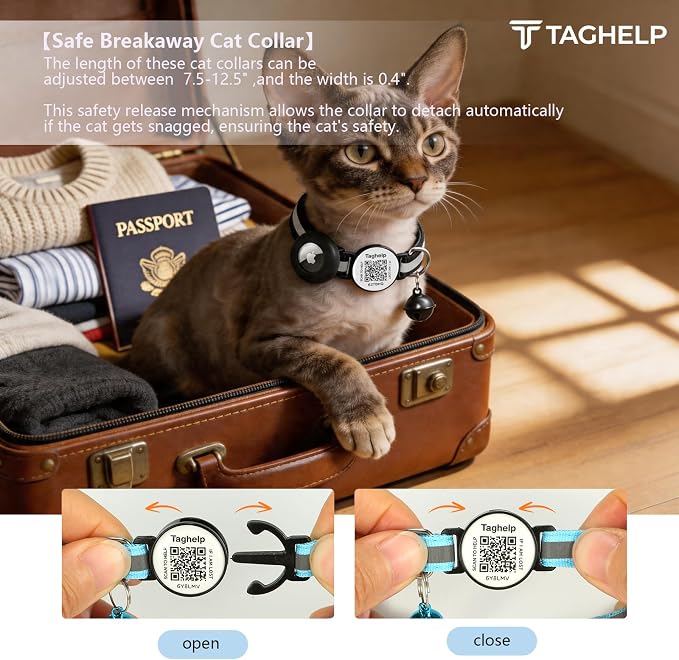 Airtag Cat Collar Breakaway with QR Code Name Tag, Reflective cat Collar airtag Holder with Bell, Cat ID Tag Personalized, Ultra-Durable, Adjustable, Quick Release, Fits Most Cats (Black)