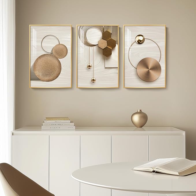 Large Framed Modern Luxury Gold Wall Art for Living Room, 3 Piece 16x24 In | Wall decor with frame, Golden geometric pictures, Crystal coating wall art, Fade resistance prints for bedroom dining room