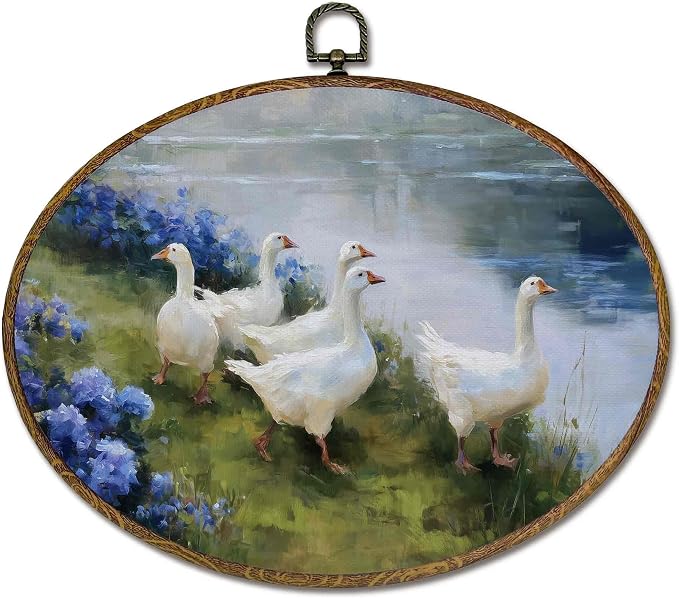 LKETW Rustic Duck Oval Wall Art Decor, Farmhouse Lakeside Wildflower Duck Oval Canvas Hanging Decor, Cottagecore Farm Animal Wall Decorations for Farmhouse Home Bedroom Living Room, 11.4x8.6 Inch