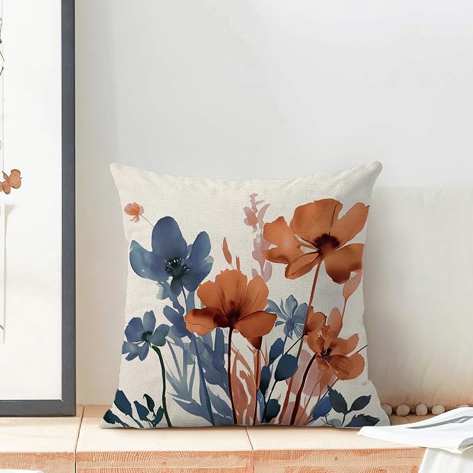Fall Blue Orange Floral Throw Pillow Covers 18x18 Inches Set of 2 | Spring Summer Flower Pillow Covers Outdoor Rustic Decor Pillowcase Farmhouse Decorative Cushion Cover For Home Sofa
