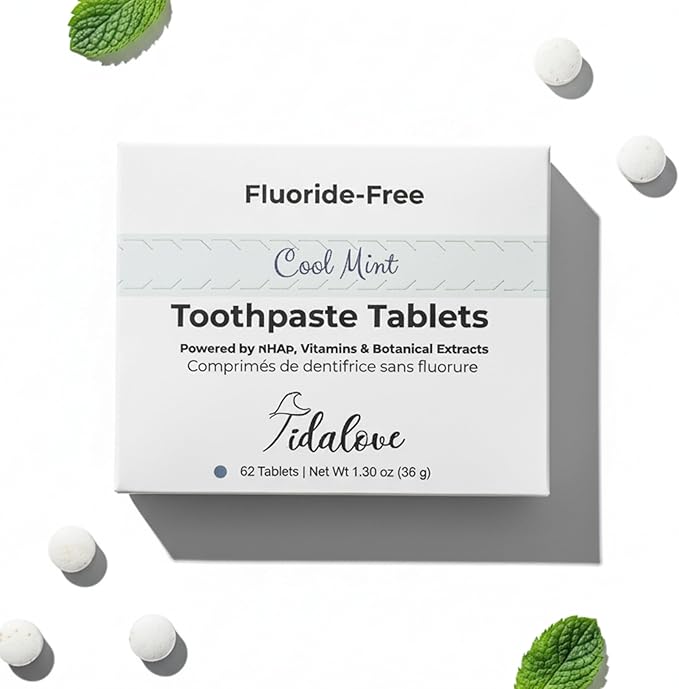 Tidalove Cool Mint Fluoride-Free Toothpaste Tablets with Nano Hydroxyapatite | Natural Whitening, Enamel Strengthening, Plastic-Free & Travel-Friendly (1 Month Refill) 62 Tablets