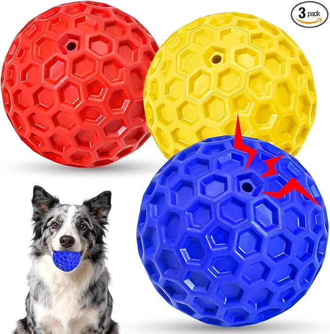 3 Pack Indestructible Squeaky Dog Balls for Aggressive Chewers, Interactive Dog Toys for Teething, Relieving Anxiety. Chew Toy for Large, Medium Breeds, Outdoor Rubber Balls.
