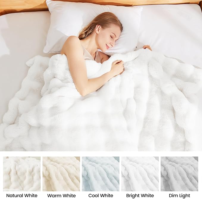 Latepis White Faux Fur King Cozy Bubble Blanket Soft Fuzzy Thick Living Room Blankets for Bed Sofa Bedroom Plush Fluffy Warm Blankets for All Seasons Luxury Throw Blanket 90x108 Inch, 860gsm