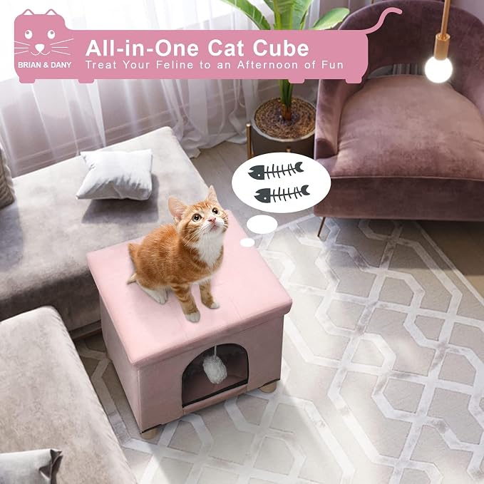 BRIAN & DANY Cat House for Indoor Cats,Cat Bed Cave for Kitten with Scratch Board & Ball,14.5X 12.5X 14.1 inches, Pink