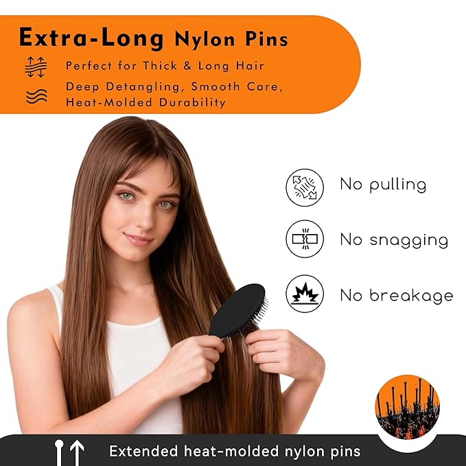 Eagle Fortress Boar Bristle Hair Brush for Women, Detangler Brush for Wet, Dry & Damaged Hair with Long Pins for Thick & Long Hair - Boar Black