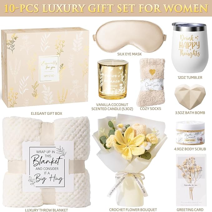 Birthday Gifts for Women, Spa Self Care Package Get Well Soon Gift Baskets | Sympathy Gift Set w/ Crochet Flower Bouquet, Christmas Thinking of You Gifts Basket for Women Mom Her Best Friend Sister Wife