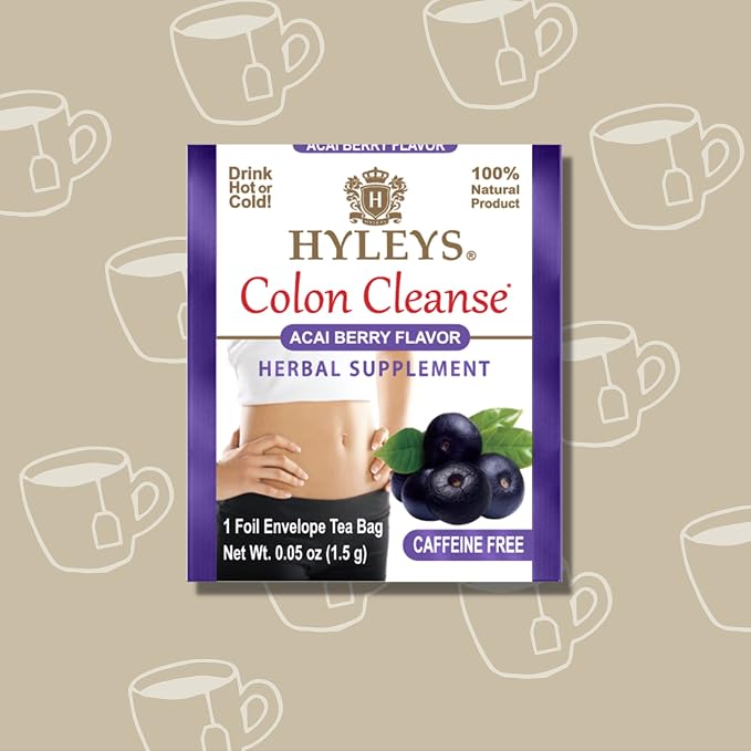 HYLEYS Colon Cleanse Tea, Acai Berry Flavor - 150 Individually Wrapped Herbal Tea Bags (6 Pack of 25) - Caffeine Free, Vegan