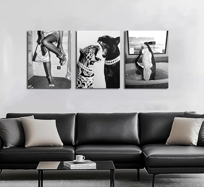 Bathroom Fashion Leopard Print Black and White Canvas Wall Art Trendy Women Posters Paintings Luxury Feminist Pictures Wall Decor for Bedroom Living Room Hallway Home Decoration 16x24 In Framed