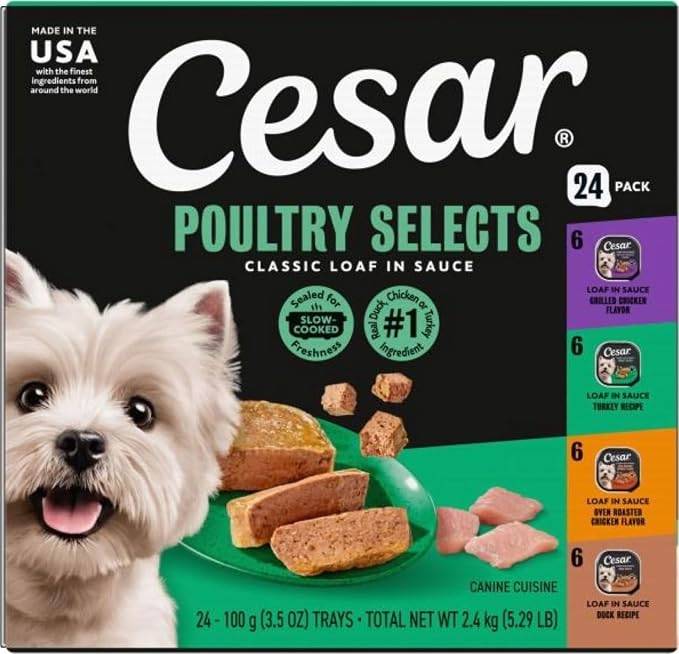 Cesar Classic Loaf in Sauce Wet Dog Food, Poultry Selects, 3.5 oz, 24 Count | Made in USA, Duck, Chicken & Turkey recipes, real poultry #1 ingredient, no fillers or artificial flavors, easy peel trays