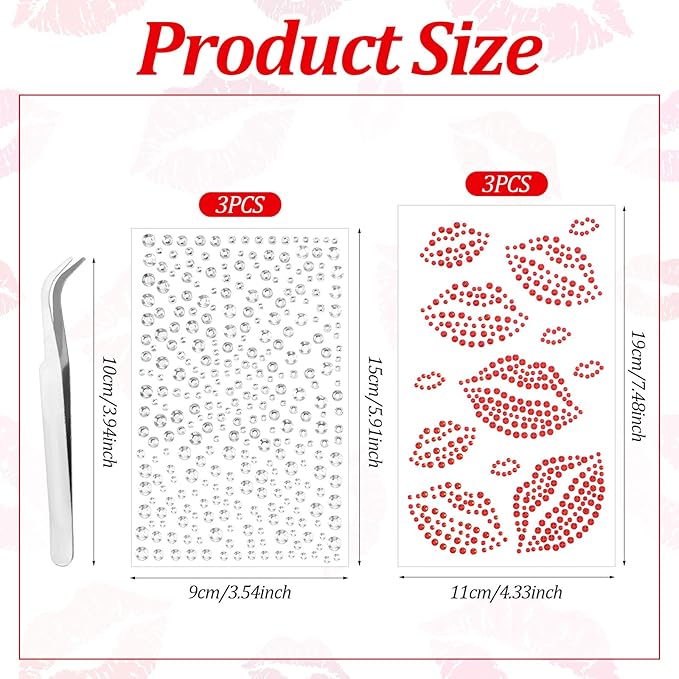 6 Sheets Red Face Gems Self-Adhesive Face Jewels, Red Face Glitter Lip Hair Gems, Festival Kiss Stickers for Makeup, Eye, Hair, Body, Rave Accessories