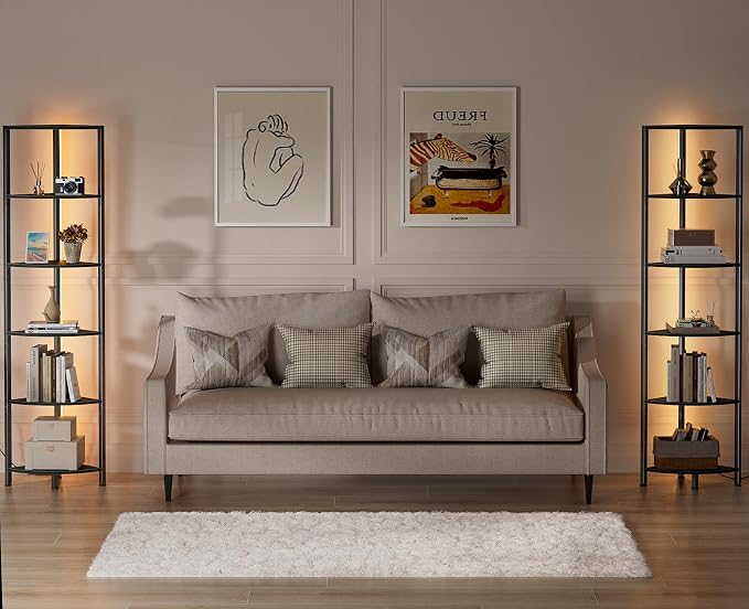 6 Tier Corner Shelf with LED Light, 67.5" Black Narrow Bookshelf | Tall Standing Shelf Organizer, Storage Rack for Wall Corner, Living Room, Bedroom, Metal Frame, Wood Display Shelf