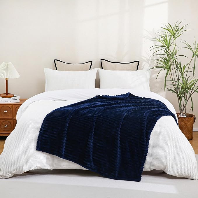 Navy Blue Fleece Throw Blanket 50”×60” for Couch Sofa Livingroom | Super Soft Cozy Plush Microfiber Flannel Bed Blanket Striped Design Lightweight Home Decor Gifts for Adults Mom Women