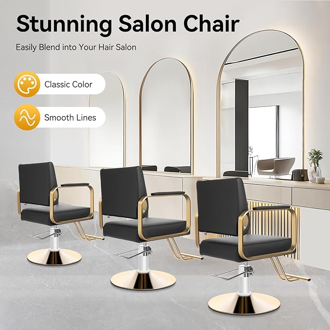 Salon Chair for Hair Stylist, Hydraulic Barber Chair with 360° Swivel, Height Adjustable Styling Chair for Barbershop, Beauty Salon, Tattoo & Spa Equipment, Black and Golden