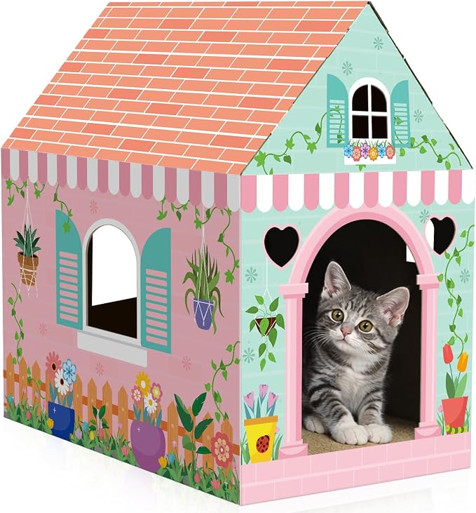 Cinrobiye Cardboard Cat House with Scratcher Spring Pet Board Bed Cave Playhouse Hideaway Hideout Condo Decor Small Animals Scratch Box for Indoor Cats Kittens Rabbits Bunny