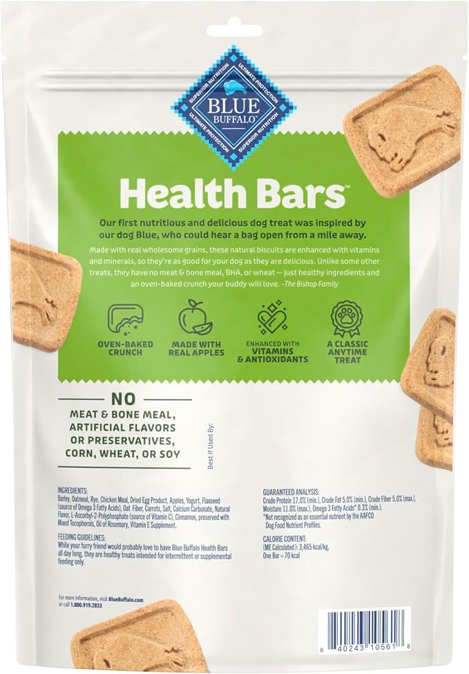 Blue Buffalo Health Bars Crunchy Dog Biscuits, Oven-Baked with Natural Ingredients, Apples & Yogurt, 16-oz Bag, (Pack of 4)