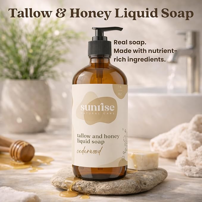 Tallow & Honey Liquid Soap – Cedarwood – Natural Face, Body & Hand Wash – Grass-Fed Beef Tallow Cleanser – Gentle Moisturizing Soap – 16 oz