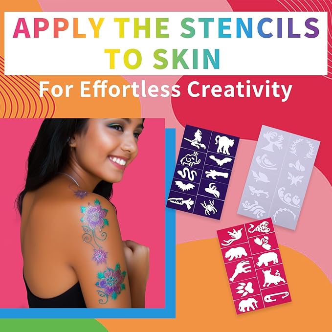 Temporary Tattoo Markers for Skin, 15 Colors Tattoo Pen + 50 Paint Stencils + 43 Tattoos Stickers, Glitter & Matte & Neon Glow Body Marker Set, Removable Fake Tattoos Kit for Teens and Adult