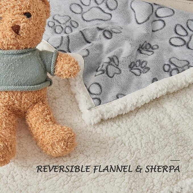 Dog & Cat Blankets - Waterproof Washable - Sherpa, Plus Plush Reversible, 25"X30", Grey Paw Print