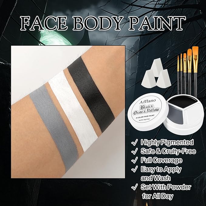 Black White Gray Face Paint Palette – Oil-Based Grease Makeup 3-in-1 Jar with 5 Brushes & 3 Sponges – Waterproof, Sweat-Proof, Easy On & Off SFX Makeup for Halloween, Cosplay, Gothic & Stage Looksy