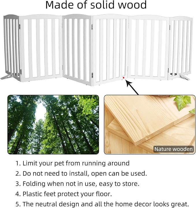 ZJSF Foldable Freestanding Indoor Dog Gate for House Wood White Long Pet Gates Dog Fence for Stairs Puppy Gates for Hallways,Pet Fence, Puppy Gate,Support Feet Included 32 "Height-6 Panels
