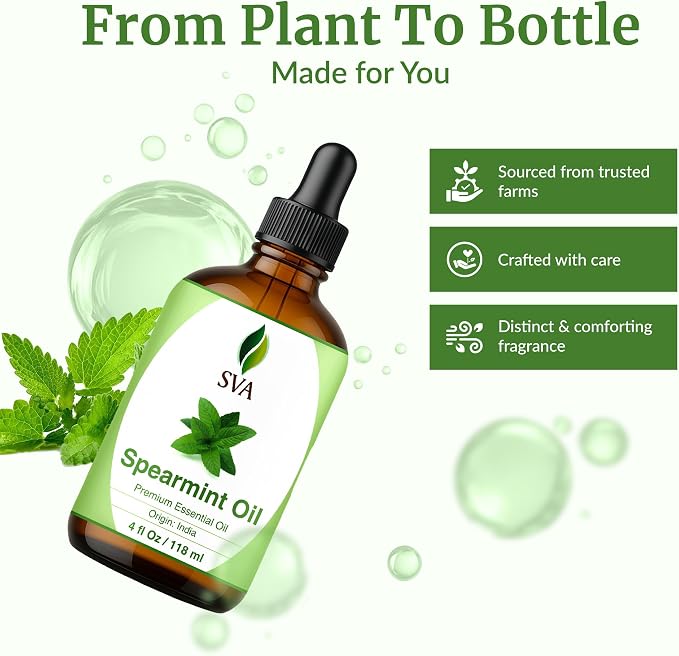 SVA Spearmint Essential Oil 4 Fl Oz – for Diffuser, Skin & Hair Care – Ideal for Massage & DIY Blends - with Dropper