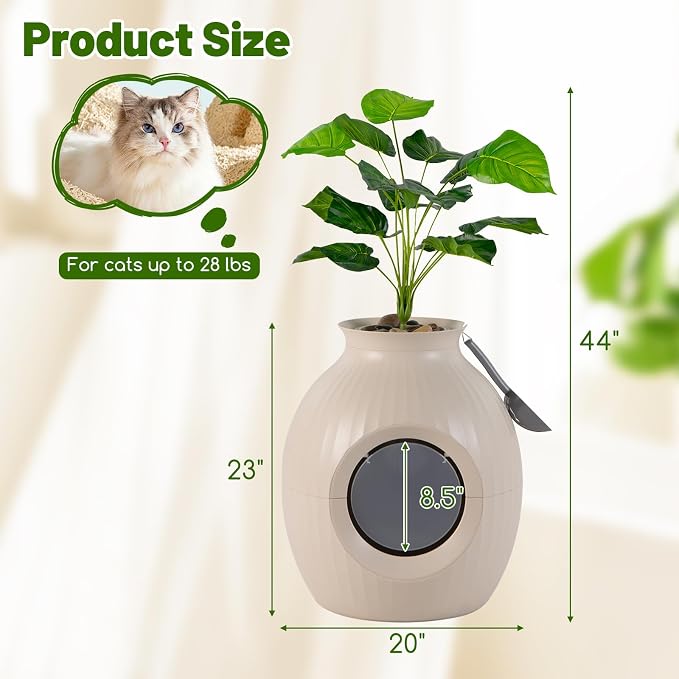 PETSITE Hidden Litter Box Plant, Cat Litter Box Enclosure Furniture with Smart Odor Removal System, 4 Light Effects, Door, Artificial Plant, Pebbles, Scoop, Planter Litter Box for Large Cats