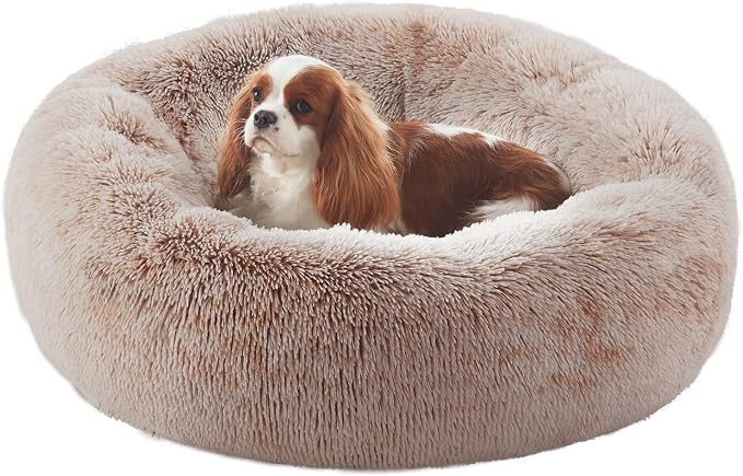 30 inches Faux Fur Fluffy Donut Dog Bed for Medium Dogs,Brown | Calming Plush Round Pet Bed with Removable & Washable Cover,Fits up to 45 lbs Pets