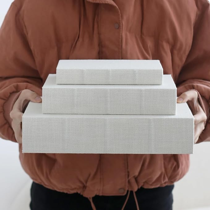 Decorative Book Boxes Set of 3,Modern Faux Linen Hidden Storage, Off White | For Coffee Table – Stackable Fake Books for Shelf Decor, Remote Control & Jewelry Organizer