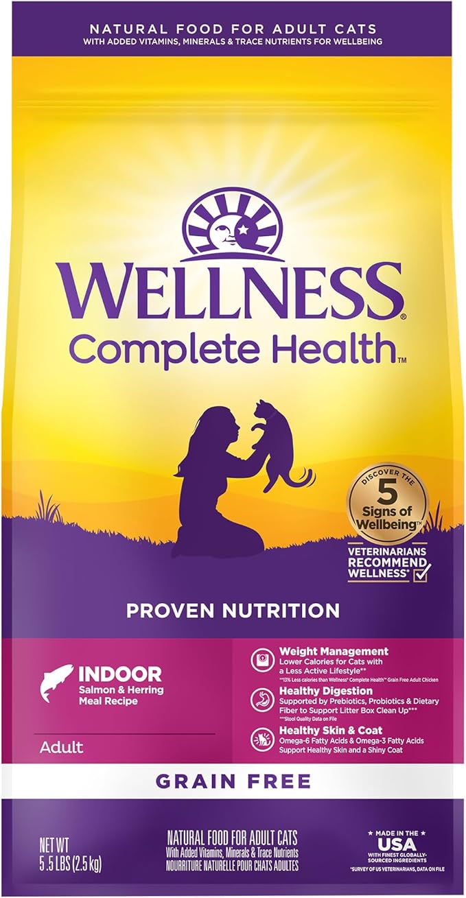 Wellness Complete Health Adult Dry Cat Food for Indoor Cats, Natural, Grain Free Kibble, Salmon and Herring Meal Recipe, 5.5 lb Bag