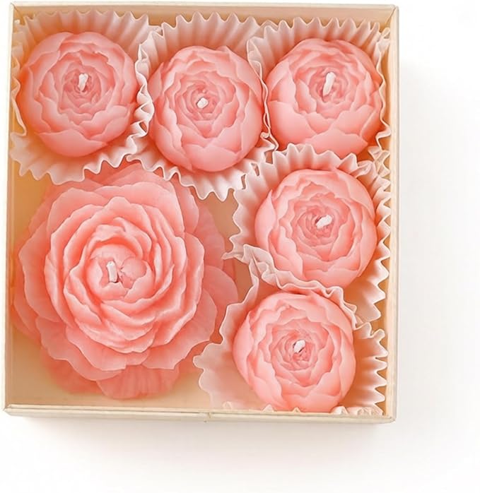 Flower Candles, Rose Peony Shaped Scented Floral Candle (Pink) | 6-Pack Handmade Aromatherapy for Spa Party Wedding Home Decor