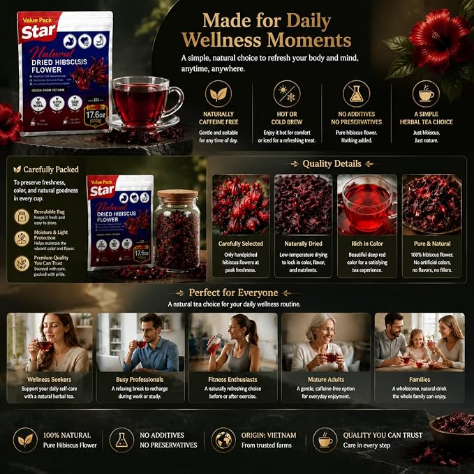 WOTIHA (17.6oz) 100% Natural Hibiscus Flowers tea,Pure from dried Hibiscus Flowers Loose Flower Hibiscus Herbal Tea. Hibiscus Flower Tea. No Sugar, No Caffeine, No Gluten, Vegan.