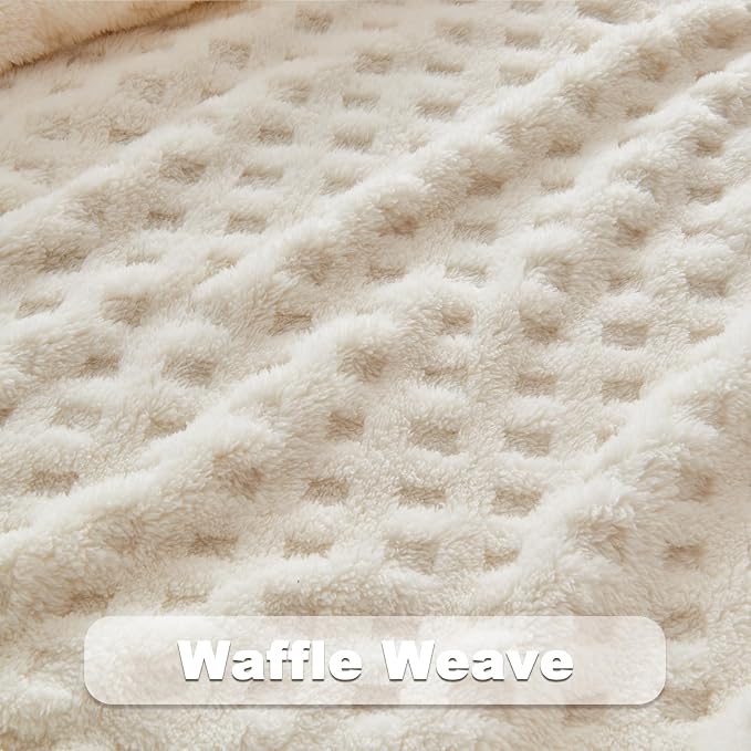 NEWCOSPLAY 3D Waffle Checkered Flannel Queen Blanket, Ivory, 90"x90" | Super Soft Cute Lightweight Decorative Premium Silky Fleece Blanket for Couch Sofa Bed, Gift for Women Men, All Season Use