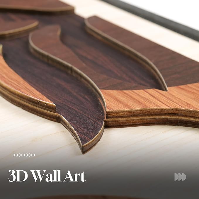 Framed Wood 3D Boho Textured Wall Art for Living Room, Large 3 Piece Carved Wooden Tropical Botanical Artwork for Walls, Brown Monstera Leaf Wood Bedroom Dining Room Home Office Wall Decor, 20x30 Inch