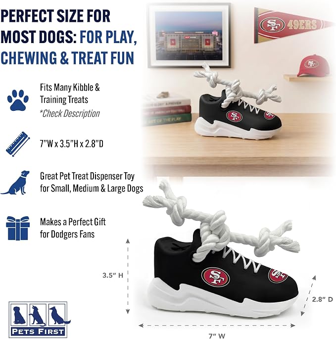 Pets First NFL San Francisco 49ers Cleat Sneaker Spike Dog Toy, Football Treat Dispenser Chew Toy for Dogs, Interactive Rope Tug Toy, Slow Feeder Natural Rubber Dog Toy with Official Team Logo