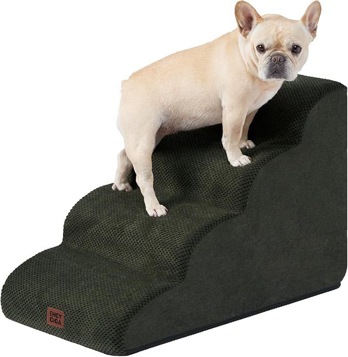 EHEYCIGA Curved Dog Stairs Ramp, 4-Step High Beds, 19.7" H Pet Step | 33D density of pure foam, for Small Dogs and Cats, Pet Stairs for High Bed Climbing, Non-Slip Balanced Indoor, Military Green
