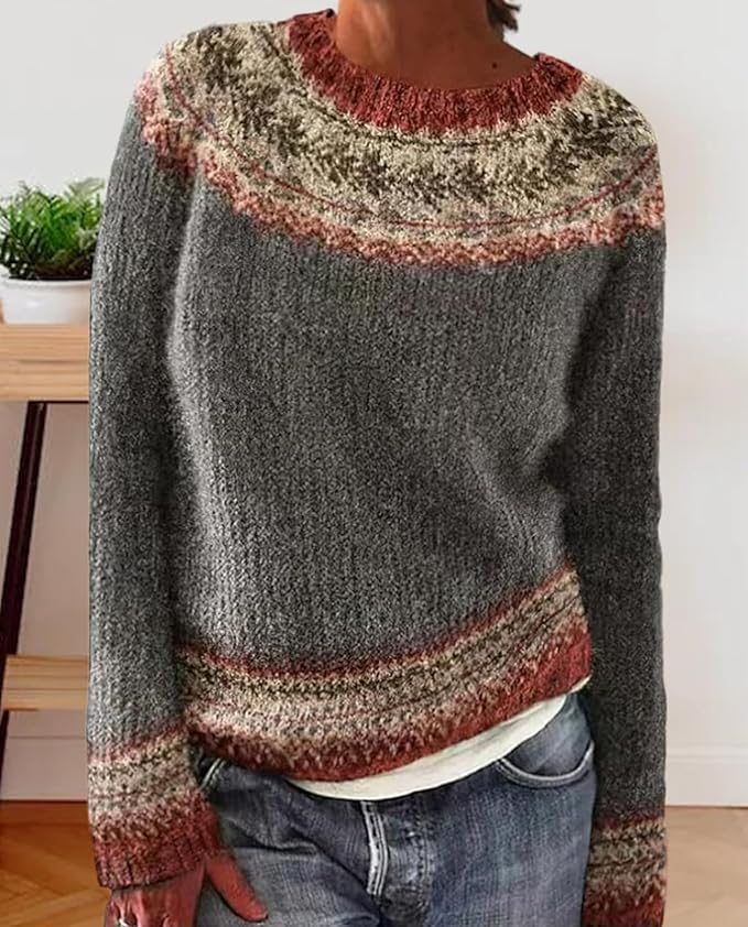 Zhyaj Fair Isle Sweater for Womens Winter Long Sleeve Vintage Knitted Sweater Casual Fall Crew Neck Pullover Sweaters