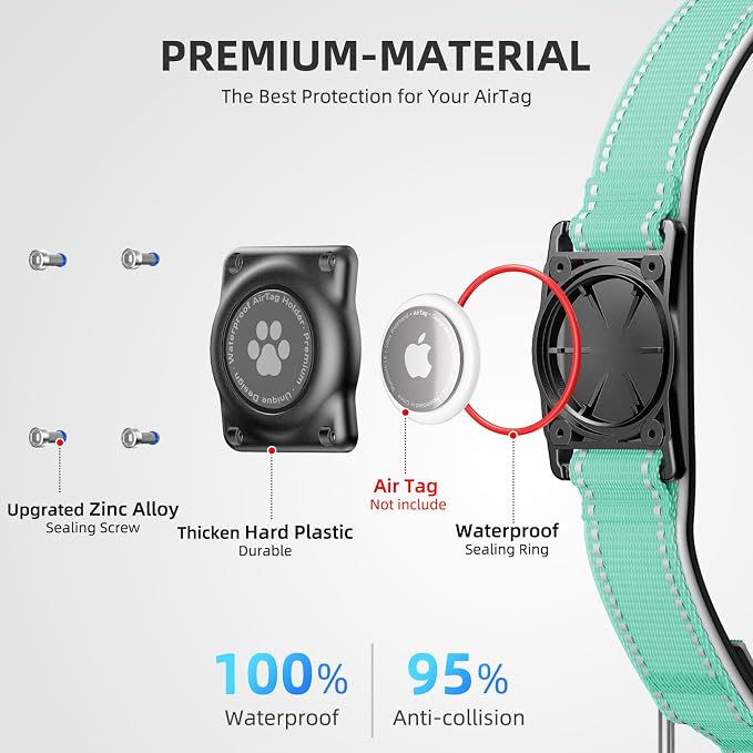 Upgrade Dog Collar with AirTag Holder, IP68 Waterproof, Aqua, L | Built-in Water Resistant AirTag holder, 1000D Nylon, Reflective Stitching for Night Visibility, Soft padding for Comfort