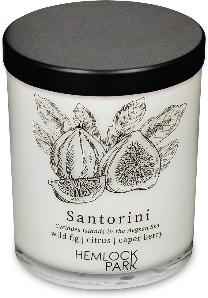 Hemlock Park Santorini Postcards Scented Candle | Crackling Wood Wick, Botanical Fragrance & Coconut Apricot Wax | Up to 50 Hour Burn Time | 7.2 oz | Made in USA