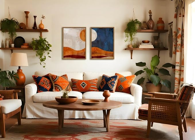 Framed Boho Sun and Moon Canvas Wall Art Set of 2, Vintage Western Desert Landscape Wall Decor Paintings, Mid Century Modern Abstract Pictures Prints Artwork for Living Room Bedroom Office 12x16 inch
