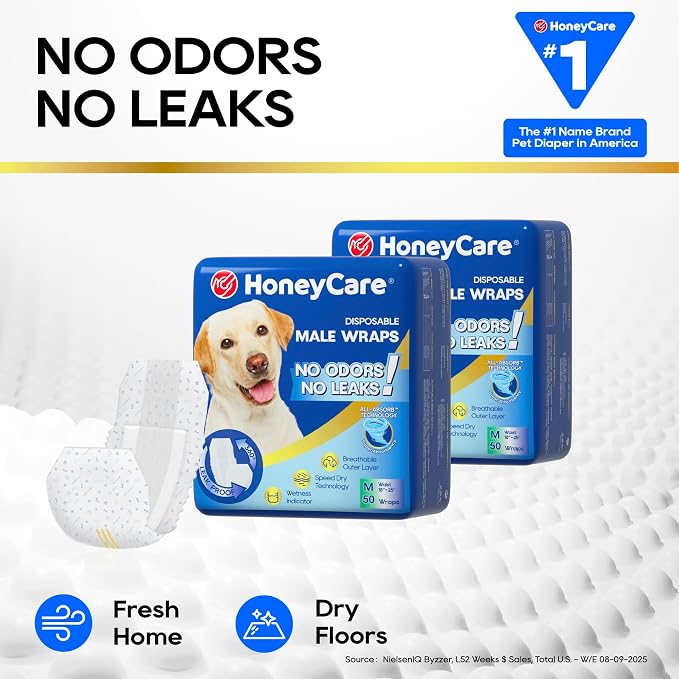 HONEY CARE All-Absorb A25 Male Dog Wrap, 50 Count, Medium, White