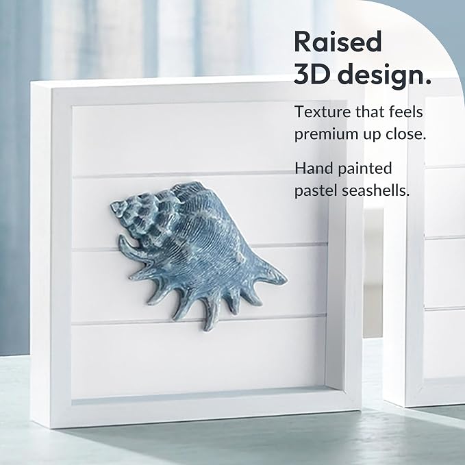 Tide and Tales 3D Coastal Wall Art, Beach Wall Decor, Framed Set of 4 | 7" x 7", Textured 3D Seashells, Bathroom Bedroom Kitchen Room Decor, Lightweight, Hand Painted, Gift Boxed, Hanging Ready