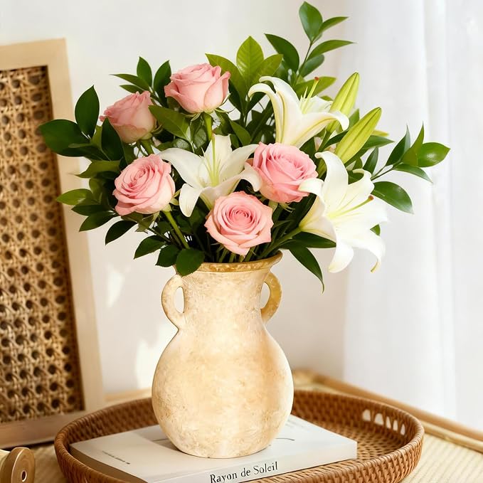 Brown Glass Vase with Handles - 7.5 Inch Rustic Terracotta Style Flower Vase, Vintage Decorative Round Bud Jar for Dried Flowers, Earthy Aesthetic Centerpiece for Modern Farmhouse & Boho Home Decor
