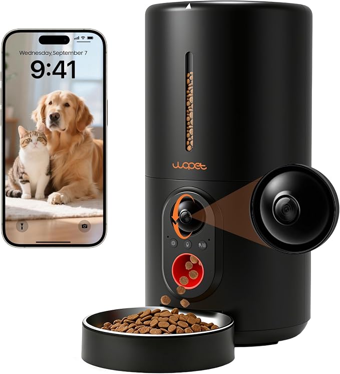 WOPET Automatic Dog Feeder with Camera,1080P HD Video with Night Vision, 5GHz/2.4GHz Dog Food Dispenser with App Control, 4GB SD Card, 2-Way Audio for Cats & Dogs
