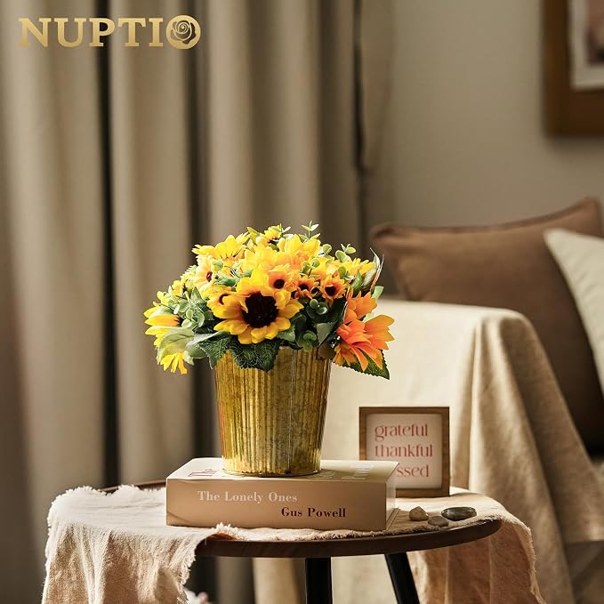 NUPTIO Gold Galvanized Vases for Centerpiece, 5" Small Ribbed Vase, 12 Pcs | Rustic Metal Planter Pots, for Flowers, Wedding, Table, Home, Decor