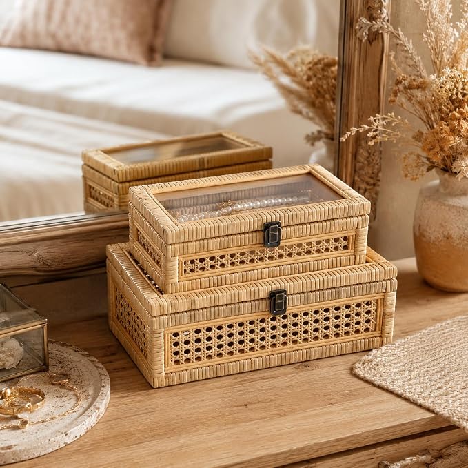 Set of 2 Handwoven Boho Rattan Decorative Boxes with Glass Lid | Wicker Display Boxes for Jewelry, Keepsakes & Home Decor, Stackable Boho Organizer for Coffee Table, Bedroom & Shelf